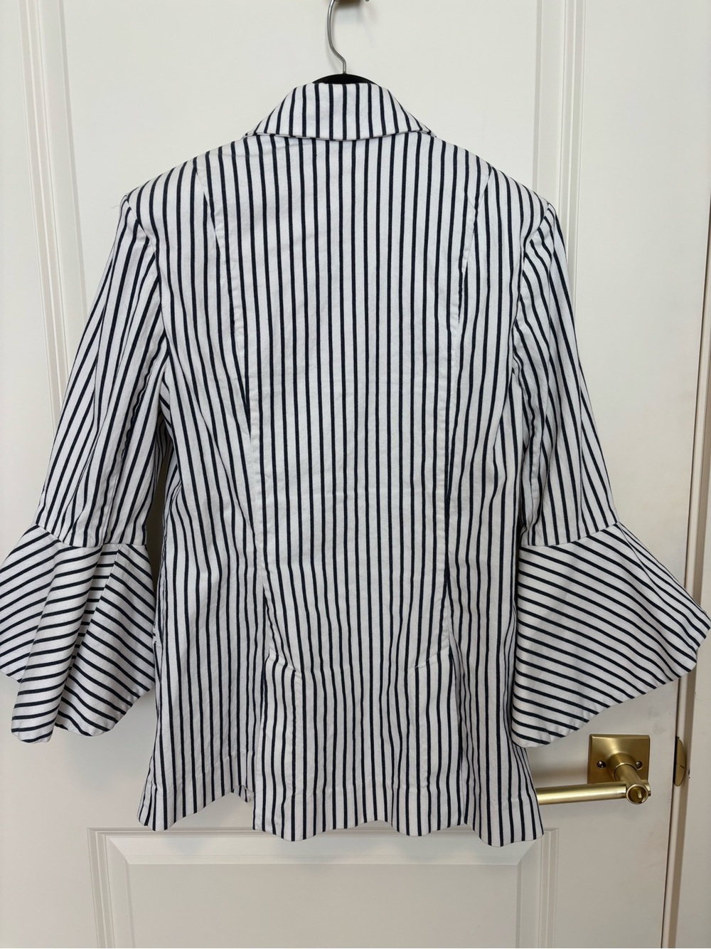 CAbi Blue and White Vertical Stripe Blazer with Flared Sleeves - Picture 3 of 5